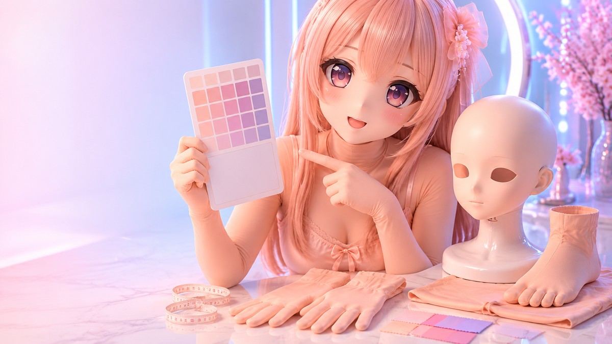 综合评测入口的原创 animegao/Kig 校准角色，手持校准色卡并展示 Kig 打底样件和量尺道具