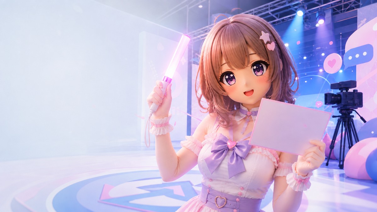 表现互动入口的原创 animegao/Kig 舞台角色，手持灯棒和空白提示卡展示互动节奏