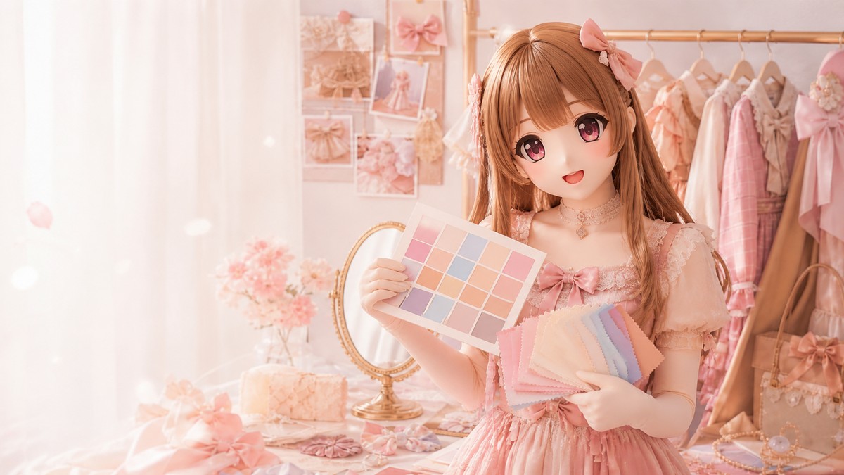风格人格入口的原创 animegao/Kig 风格角色，手持色卡和布样在试衣间展示搭配方向
