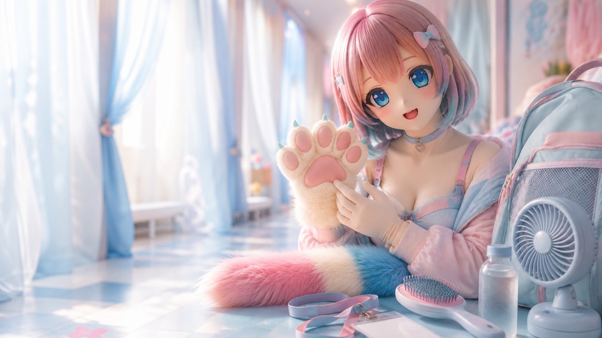 兽装圈层入口的原创 animegao/Kig 展示角色，手持毛绒爪套并展示尾巴配件、风扇和补给物