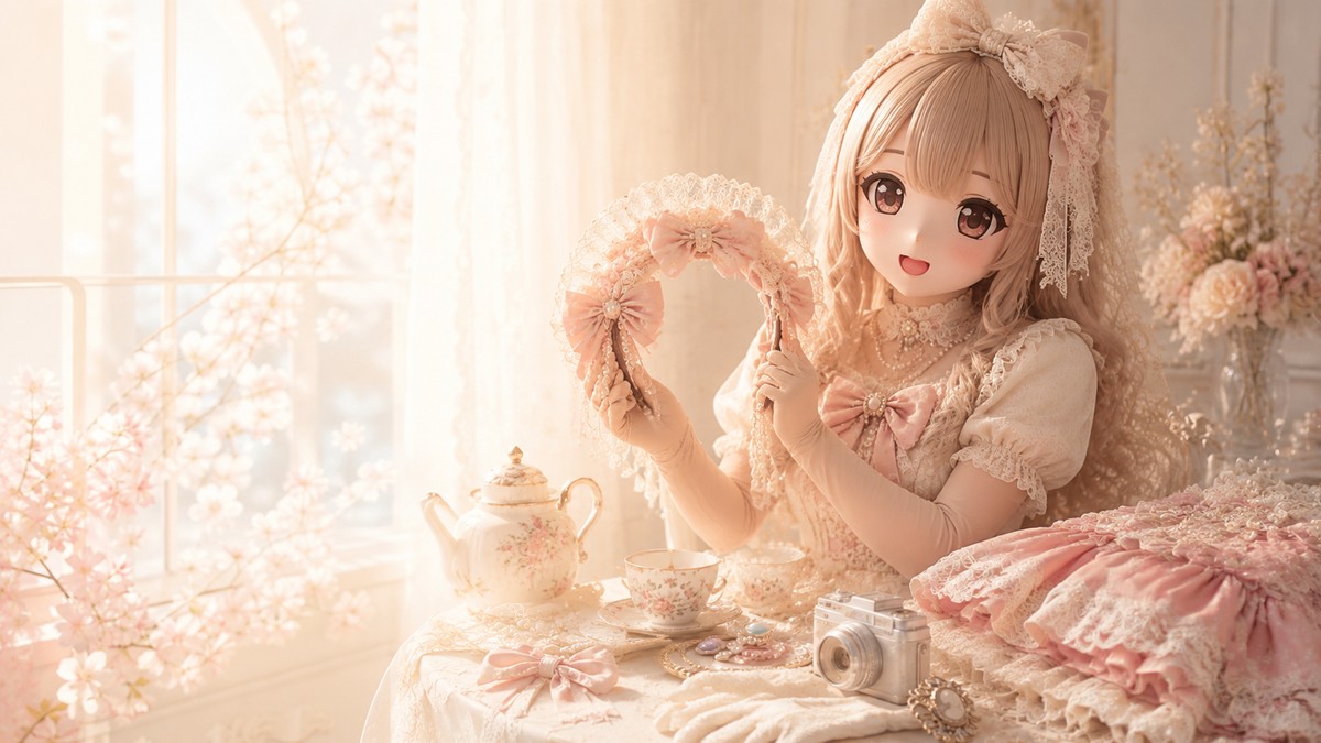 Lolita 圈层入口的原创 animegao/Kig 展示角色，手持蕾丝头饰并搭配茶具、蝴蝶结和裙装布料