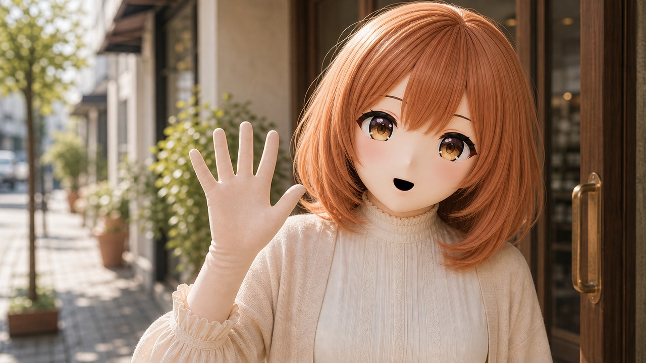 An animegao open-smile street-action image showing wig silhouette, eye-plate highlights, shell-mouth boundary, and waving-gesture risk points.