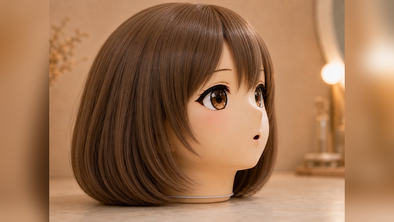 An animegao side-three-quarter head-shell close view showing side eye-plate perspective, chin curve, wig ear-zone coverage, and lower rim stability.