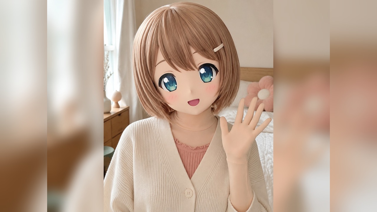 A soft-round animegao half-body action image showing high-collar hadatai neck coverage, a five-finger fabric waving hand, and mobile card composition.