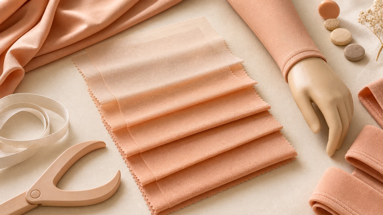 A warm cream Kig skin thickness comparison kit with one complete warm-peach matte hadatai suit laid flat beside same-material thickness swatches, black-white opacity samples, a magnifier, and blank notes for comparing coverage, heat load, and movement cost.