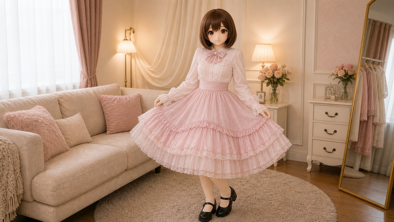 暖奶油卧室里穿粉色 Lolita 蓬裙的原创 Kig/animegao 扮演者，柔和裙摆、长袖袖口和闭口鞋一起控制手脚端点暴露。