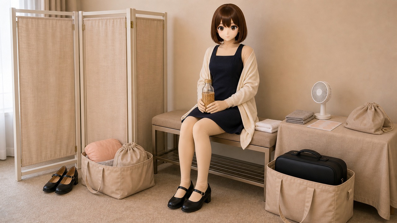 暖奶油活动维护角里，原创 Kig 娃娃坐在隐私屏旁，旁边有补水瓶、小风扇、头壳软包和收纳袋。