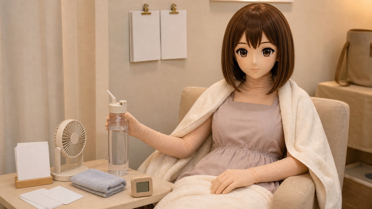 暖奶油活动休息角里，原创 Kig 娃娃披着毛巾坐在扶手椅上，旁边有吸管水瓶、小风扇、毛巾和空白记录卡。