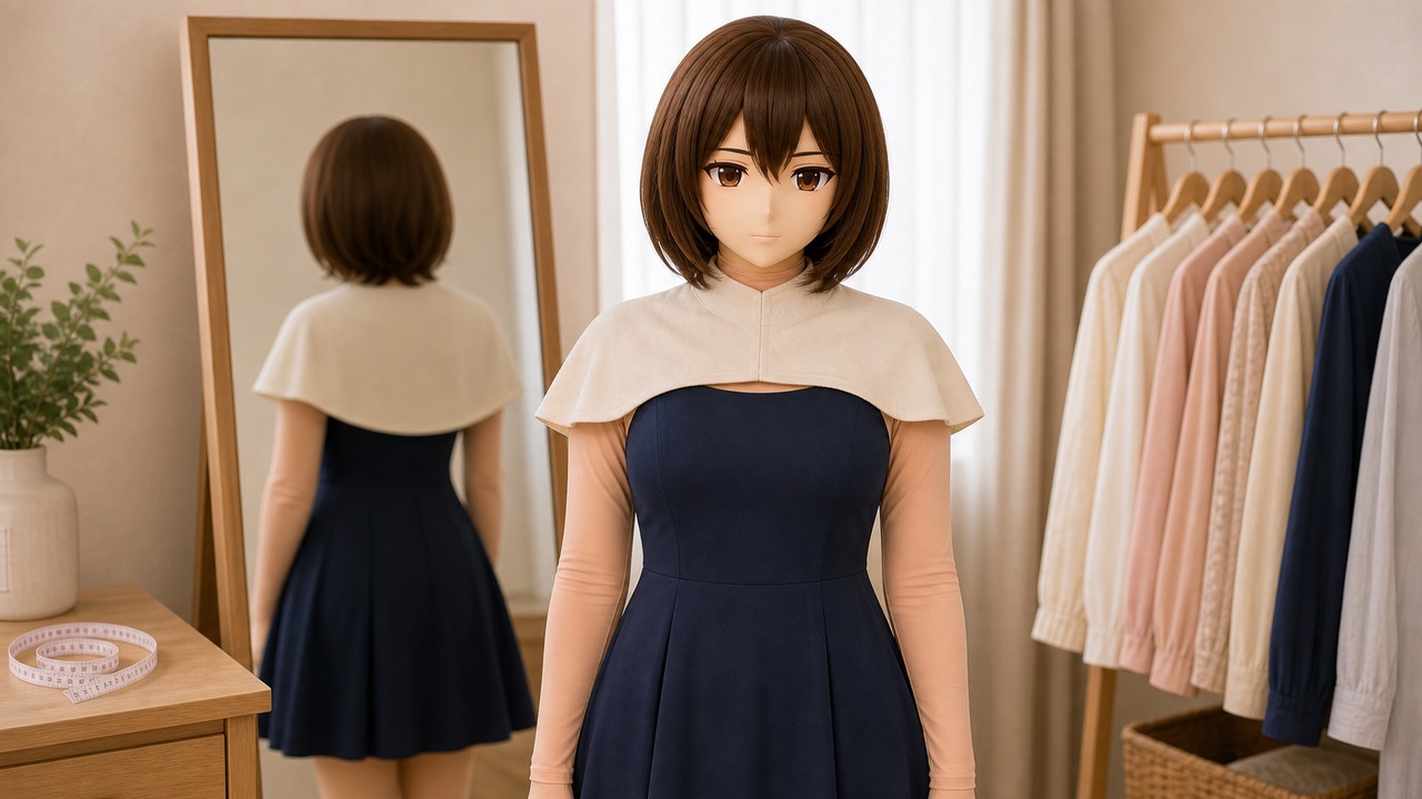 Kig/animegao 肩颈比例示意，展示头壳下缘、独立脖颈、领口和发尾的承接关系。