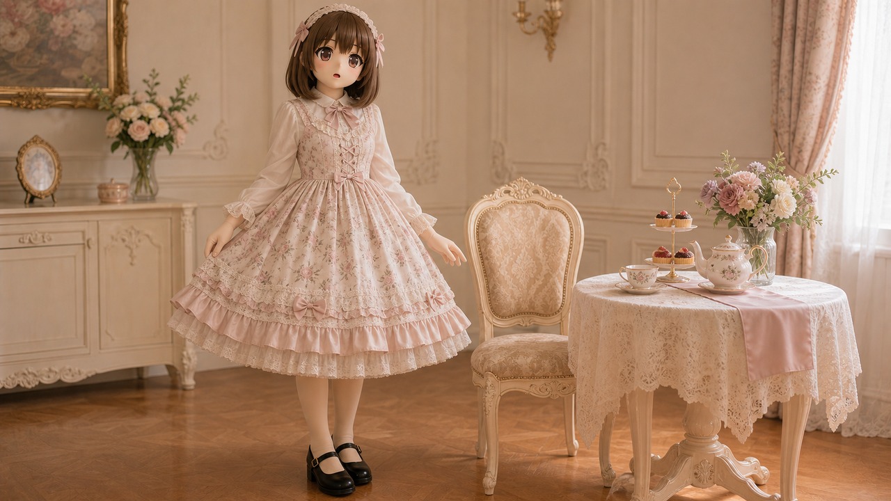 原创 Kig 娃娃穿奶油色 Lolita 蓬裙站在茶桌旁，展示裙撑体量、椅子距离和圆头鞋。
