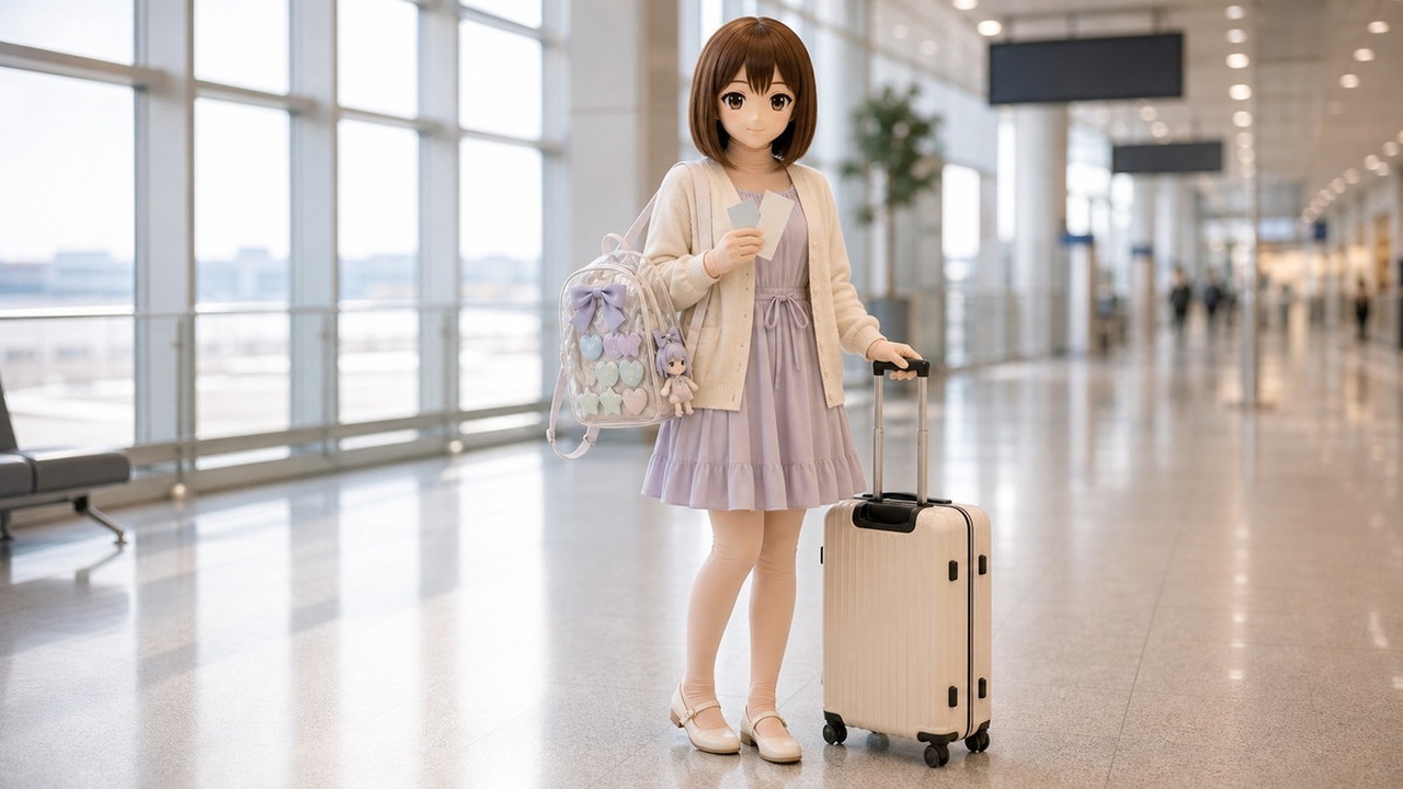 Kig/animegao 旅行打包桌上有头壳保护包、Kig 皮收纳袋、假发支架和匿名行李卡。