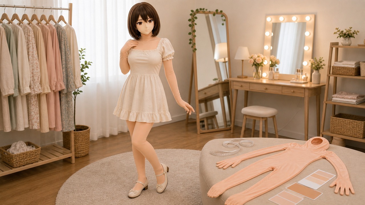 Kig 入门场景规划桌面示意，平铺 Kig 皮、肤色色卡、手脚端点和预算规划页用于做露肤与穿戴结构取舍