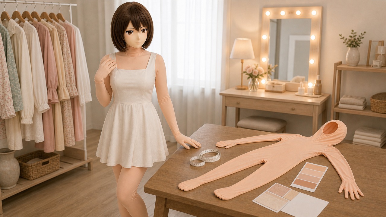 原创 animegao 角色、桌面平铺 Kig 皮和色卡同框，用于提示头壳下缘、脖颈、衣领和手臂端点的检查关系