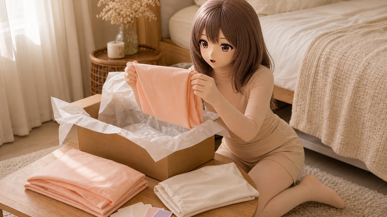 奶油色床面上的 Kig 皮开箱原貌，纸箱、折叠的暖桃色 hadatai、手机记录卡、放大镜和空白标签同框
