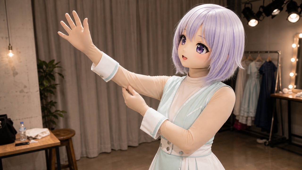 原创 Kig 娃娃在后台暖光下检查抬手动作和袖口活动范围，展示五指布料手和舞台外套。