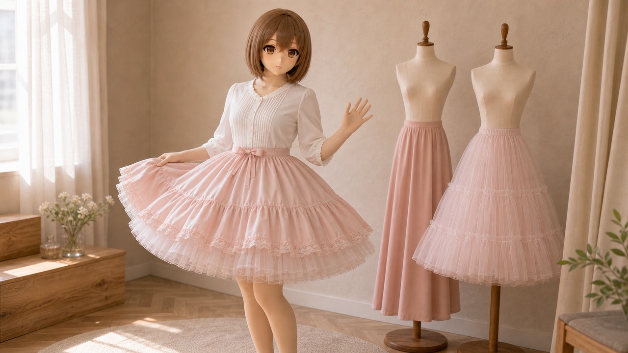 高定造型间里摆放 animegao 头壳、栗色假发、Kig 皮样布、蓬裙、外套和比例卡，呈现 Kig 服装体量规划。