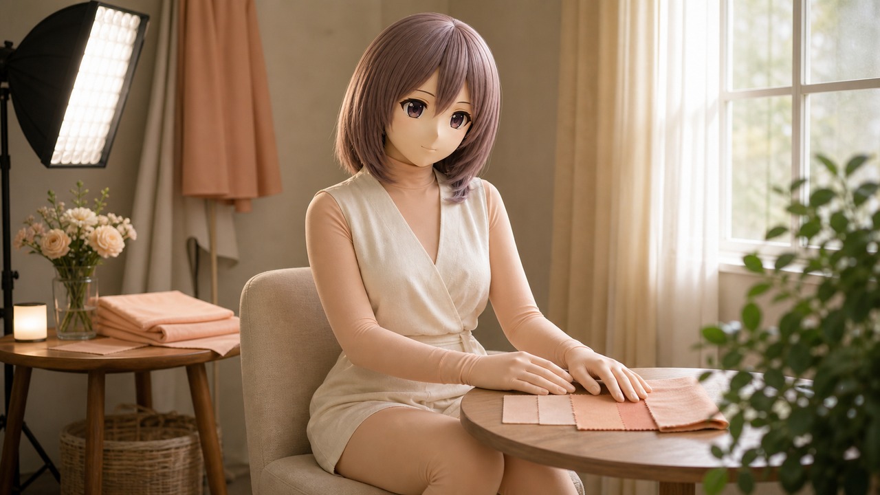 暖奶油时装编辑台上的 animegao 头壳、暖桃色 Kig 皮样布、透度灯板、色卡和放大镜，用杂志静物方式展示 Kig 皮厚薄取舍。