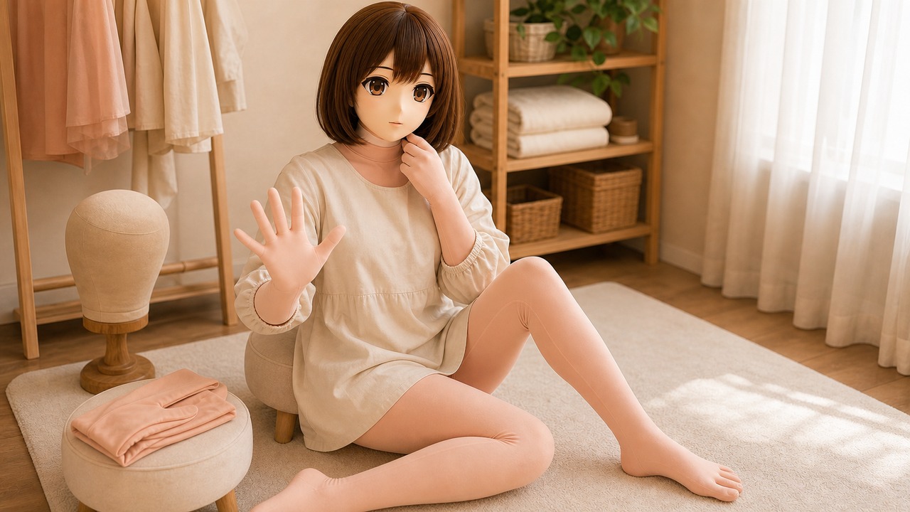 象牙白工艺馆展台上的 Kigurumi 结构图鉴，硬质 animegao 头壳、独立 hadatai 脖颈、五指布手和覆盖脚被像博物馆藏品一样陈列