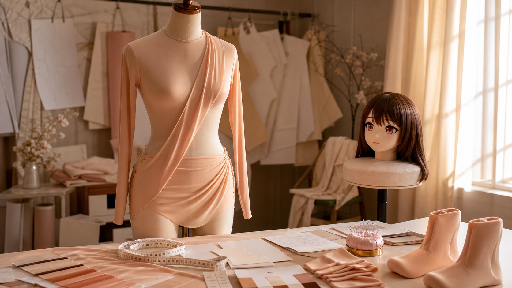 Generated magazine-style fitting atelier still life: measuring tape, tone swatches, a head shell, five-finger fabric hand, five-toe foot sample, and blank measurement sheets arranged for a Kig skin fitting record.