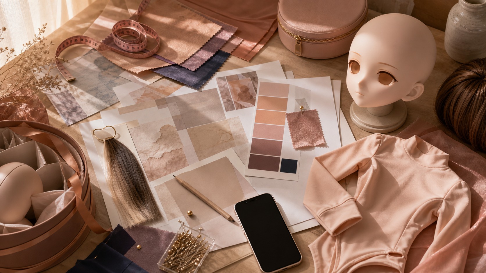 Generated method illustration: a warm cream order-brief desk with blank cards, a head shell, Kig fabric swatches, tone cards, measuring tape, a phone, and note cards.