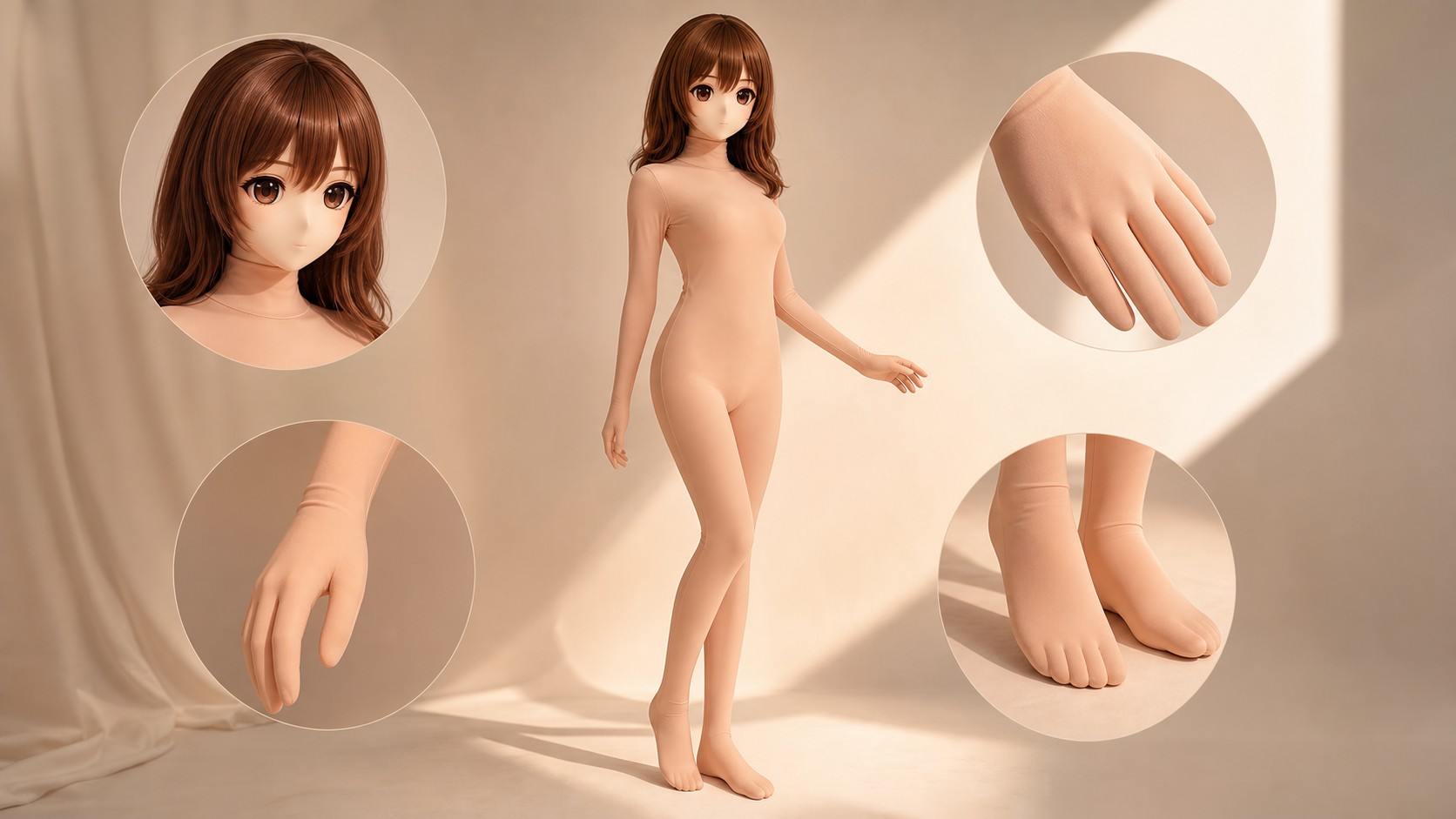 原创 Kig/animegao 连续性概念示意，硬质头壳、hadatai 脖颈、五指布手和五趾袜脚以同色哑光基底连接