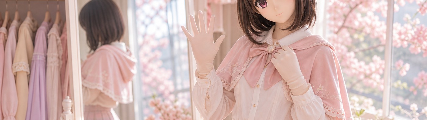 镜前试装间中的原创 animegao/Kigurumi 角色，穿着完整上衣、裙装和披肩，在镜前挥手做同步校准，用于 Kigurumi 同步率测试视觉